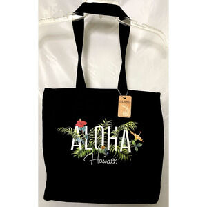 Island Accent Hawaiian Tote Black Canvas Travel Beach Bag Aloha Logo